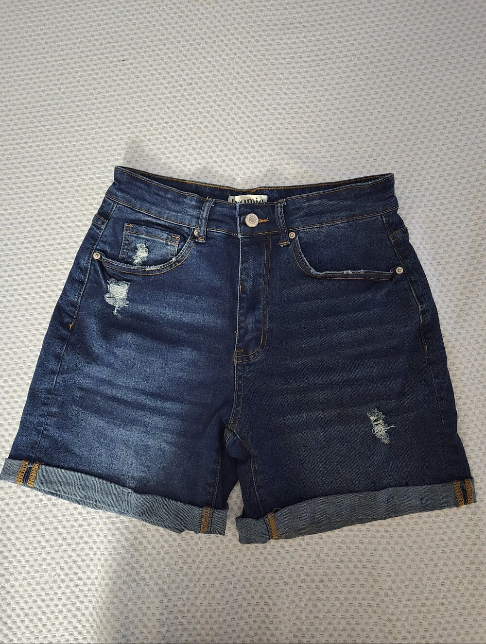 WORN ONCE Luvamia Mid-Thigh High-Rise Distressed Denim Shorts